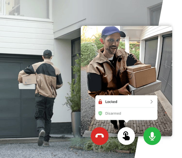 A delivery person captured on Alarm.com’s smart video doorbell interface, providing live monitoring and secure interaction options.