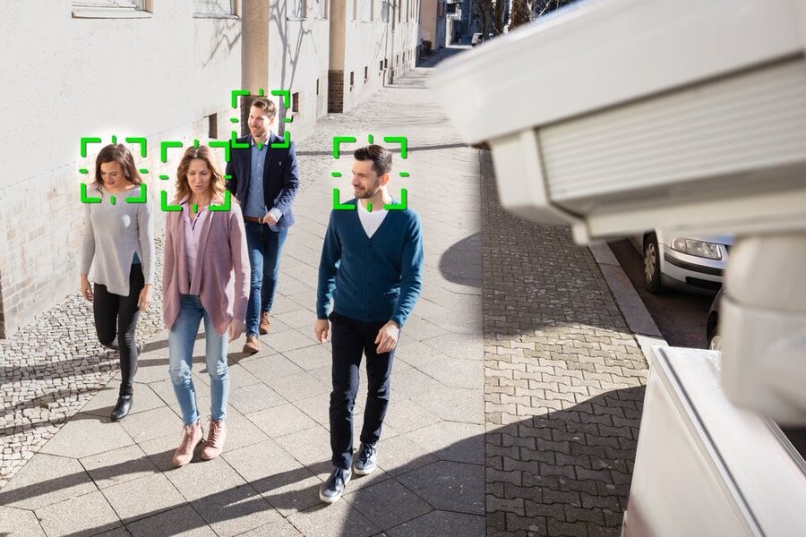 A group of people scanned with facial recognition technology via a commercial surveillance system.