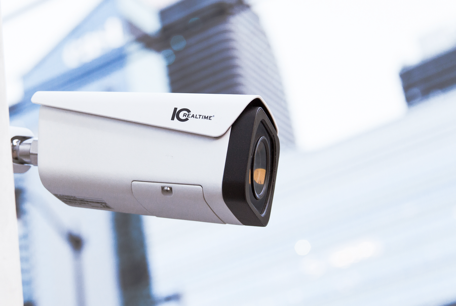 A mounted IC Realtime commercial surveillance camera.