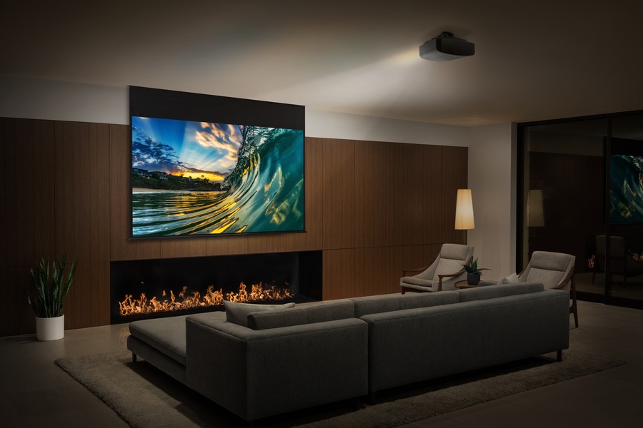 A cozy media room in a contemporary-style Minneapolis home with a high-end audio-video setup for immersive entertainment.