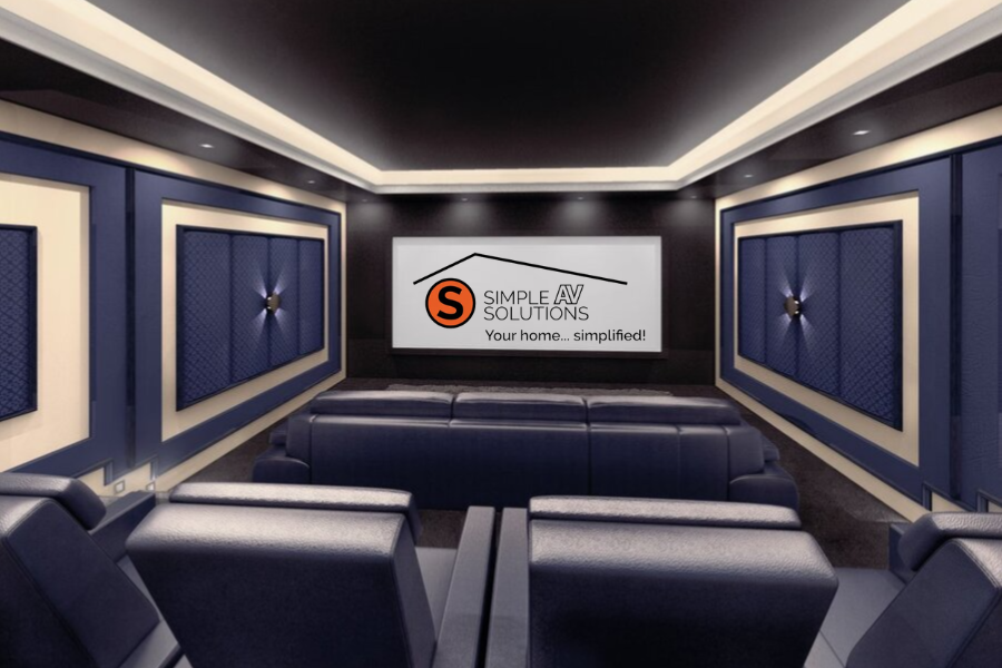 A home theater setup with acoustic paneling on the walls and the Simple AV Solutions logo on the cinema screen.