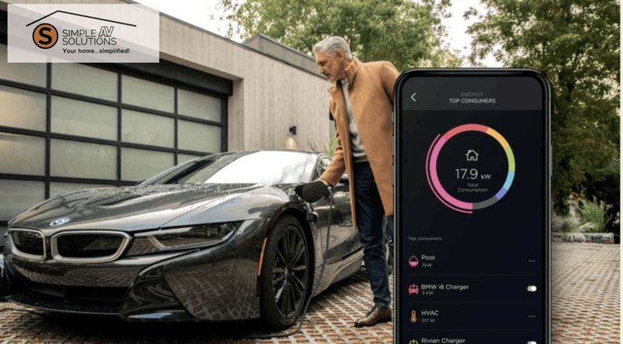 Man charging his electric vehicle, overlaid with an image of a smartphone displaying the Savant Power System. 