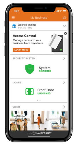 Alarm.com’s business management app interface, providing access control, security system status, and video feeds for efficient property monitoring.