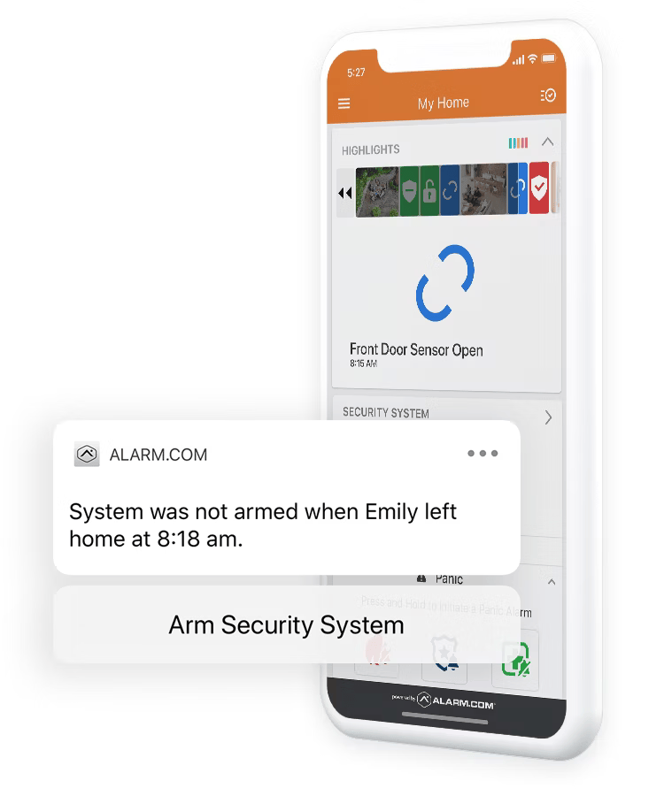 Alarm.com’s home security app interface with highlighted features, including open door notifications and reminders to arm the system remotely.