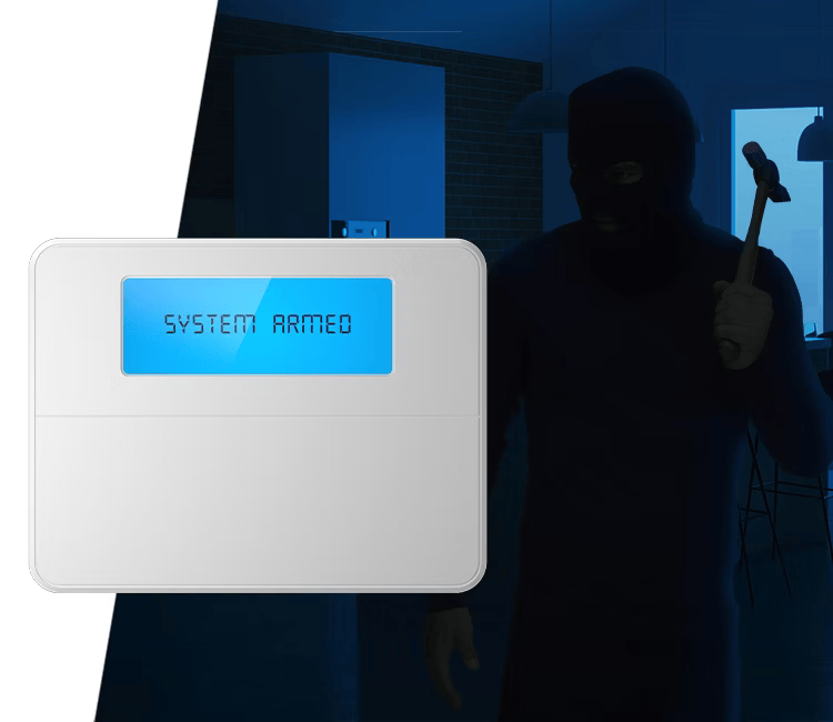 A security control panel reading “System Armed” with a shadowy figure in the background, showcasing Alarm.com’s effective security measures.