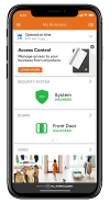 Alarm.com’s business management app interface, providing access control, security system status, and video feeds for efficient property monitoring.