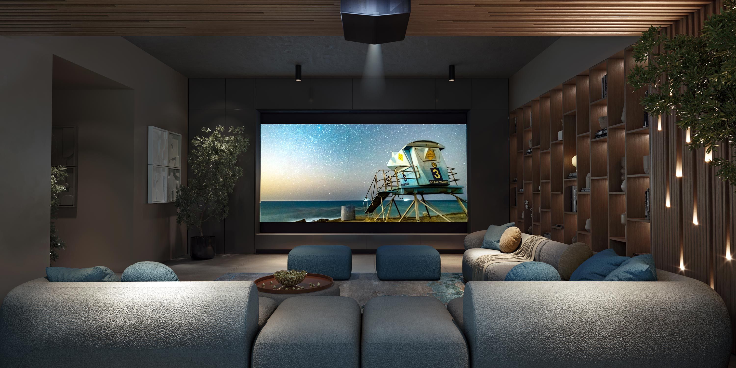 A sophisticated home theater room with a large screen, plush seating, and ambient lighting, perfect for an immersive movie experience.