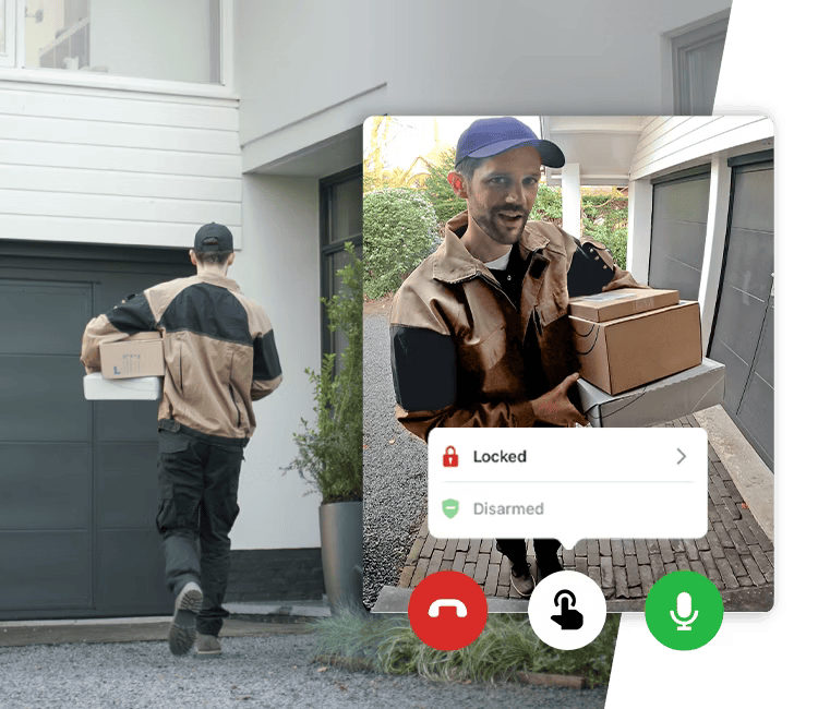 A delivery person captured on Alarm.com’s smart video doorbell interface, providing live monitoring and secure interaction options.