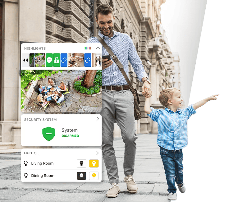 A father and son walking outdoors while the father checks the Alarm.com app, displaying real-time updates of home security, video highlights, and lighting control.
