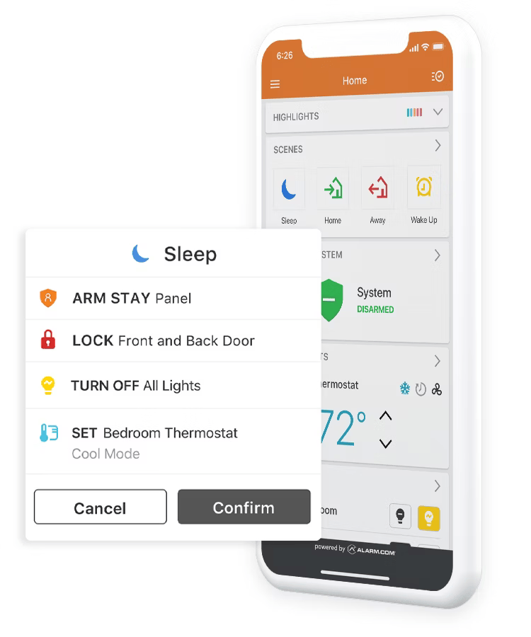 Alarm.com’s app interface showcasing customizable scenes such as sleep mode, with quick options to lock doors and adjust home settings.