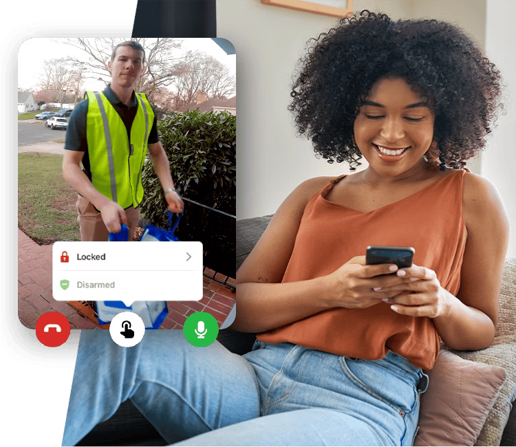 A delivery person captured on Alarm.com’s smart video doorbell interface, providing live monitoring and secure interaction options.